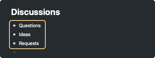 Screenshot showing the structure of the "Discussions" section